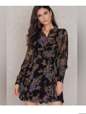 Free People Black Floral Long-Sleeve Mini Dress Button Down Top Smocked Waist S